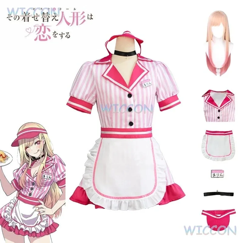 Up Marin Kitagawa-pelucas de disfraz de Darling para Halloween, traje de fiesta de Anime, traje de sirvienta Sexy de Lolita rosa, uniforme JK