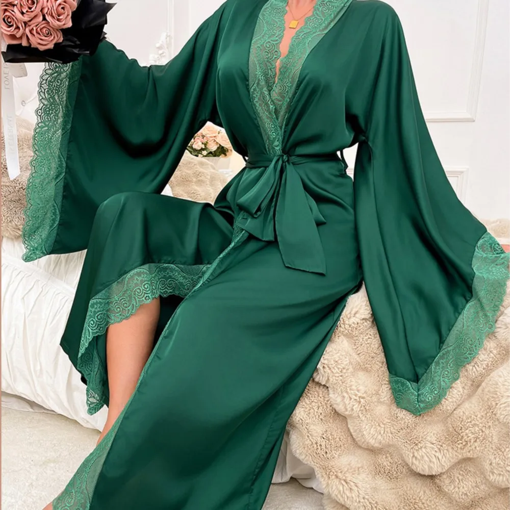 Pigiama lungo da donna di nuovo stile in pizzo a maniche lunghe elegante abbigliamento per la casa stile semplice Leace-up tinta unita confortevole moda sottile