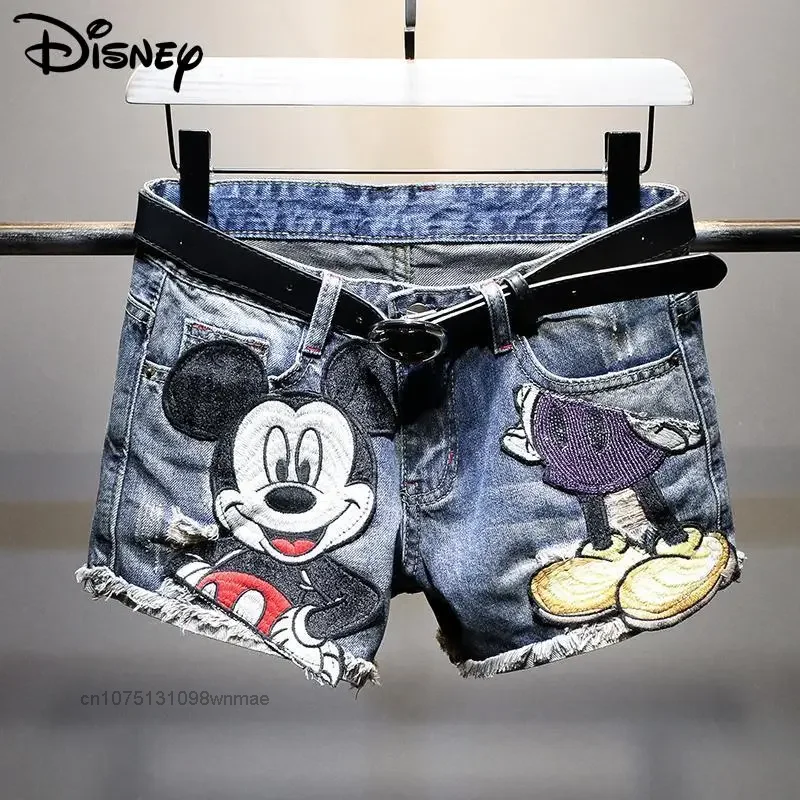 Disney Mickey Hip-hop Vintage Denim Shorts for Women In Summer New Korean Style Thin Slim Pants with Holes Embroidered Cartoon