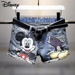 Disney-Calções jeans mickey hip-hop femininos, vintage, finos, com furos, desenhos animados bordados, estilo coreano, verão, novo