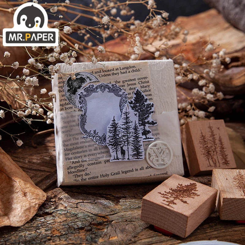 Mr. Paper-sello de combinación Retro para manualidades DIY, sello de goma de madera, diseño de un hermoso día, Luna, noche, bosque, serie, 8