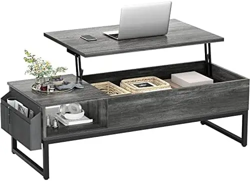 Lift Top Coffee Table with Storage, Wood Lifting Top Central Table Metal Frame, 43.3