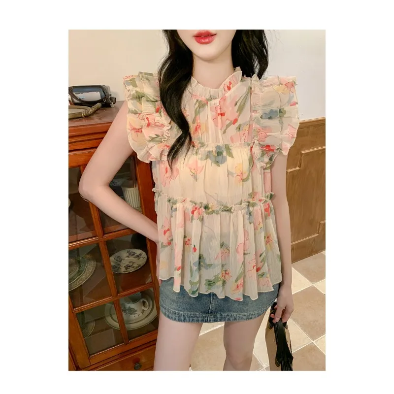 

French small fly sleeve floral shirt for women summer pretty dollshirt ruffled chiffon sleeveless top