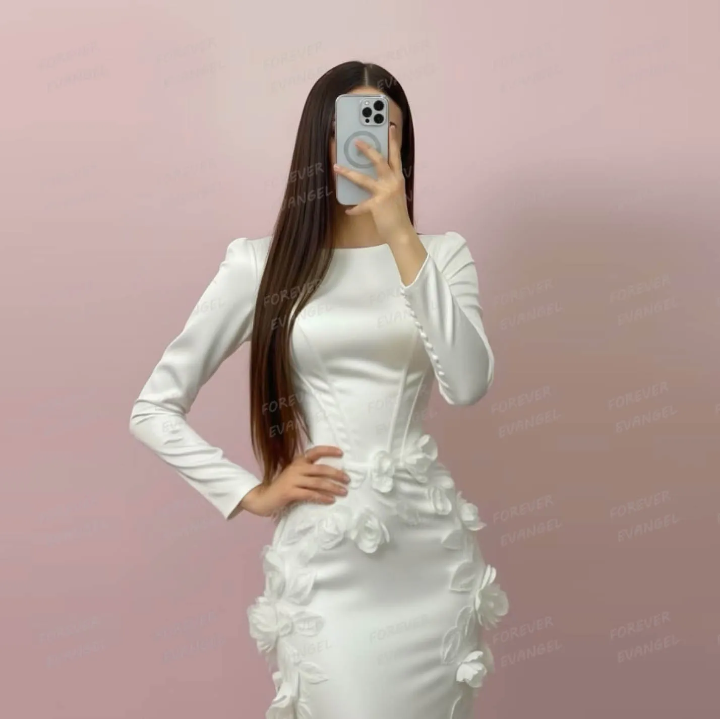 Simple Wedding Dresses Woman Mermaid 3-D Flowers Bride Gowns Satin Formal Long Sleeve Sweep Train Customized Vestidos De Novia
