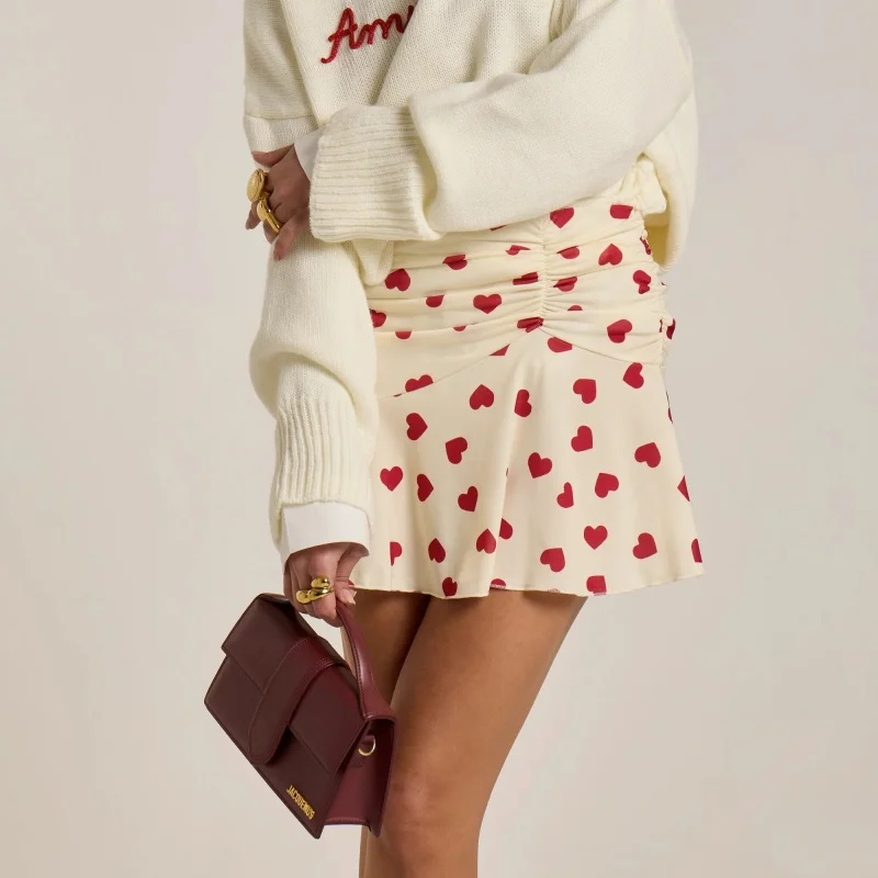 Women Heart Print Ruched Mini Skirt Y2K Elastic Waist A Line Short Skirt Cute Holiday Valentine's Day Party Skirts