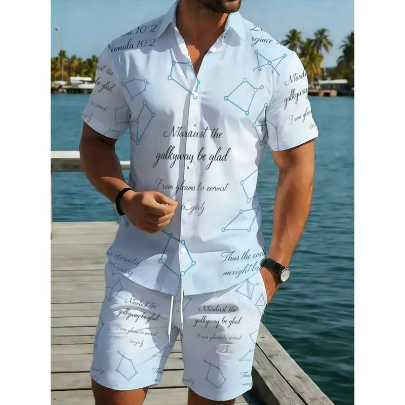 Men's Lightweight Polyester Short Sleeve Shirt & Shorts Set White Elegant Printed Beach Vacation CasualOuting Breathable Durable