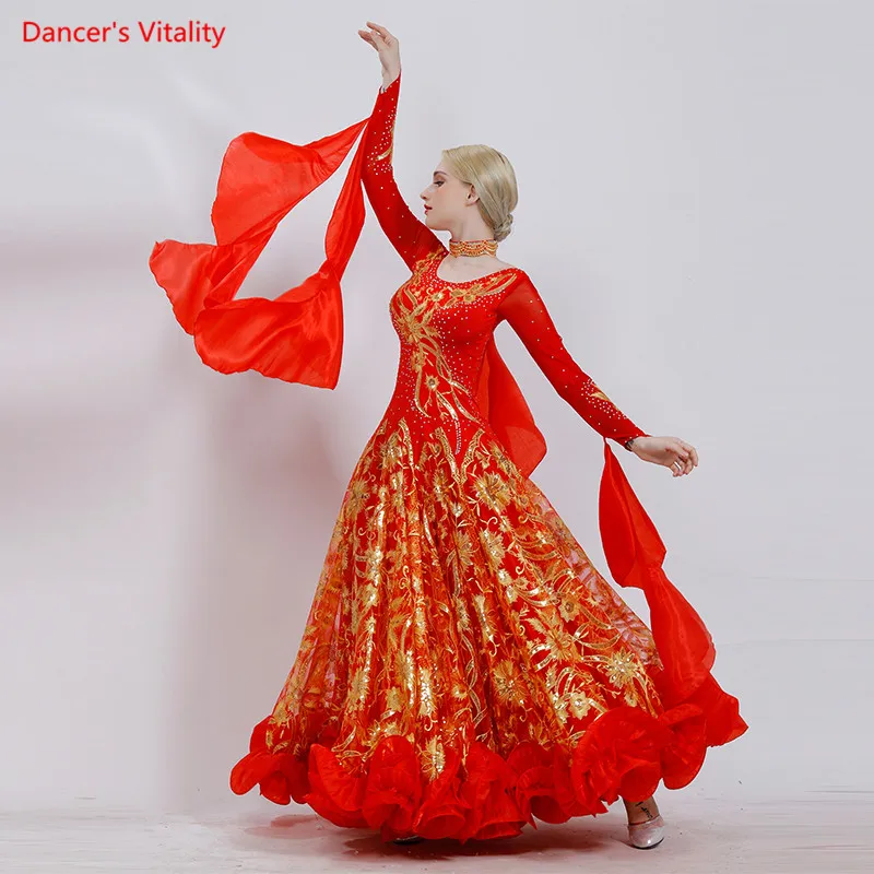 Ballroom Dance Dress 2019 New Luxury Sequins Embroidery Big Swing Dresses Women Latin Waltz Tango Dance Performance Costumes