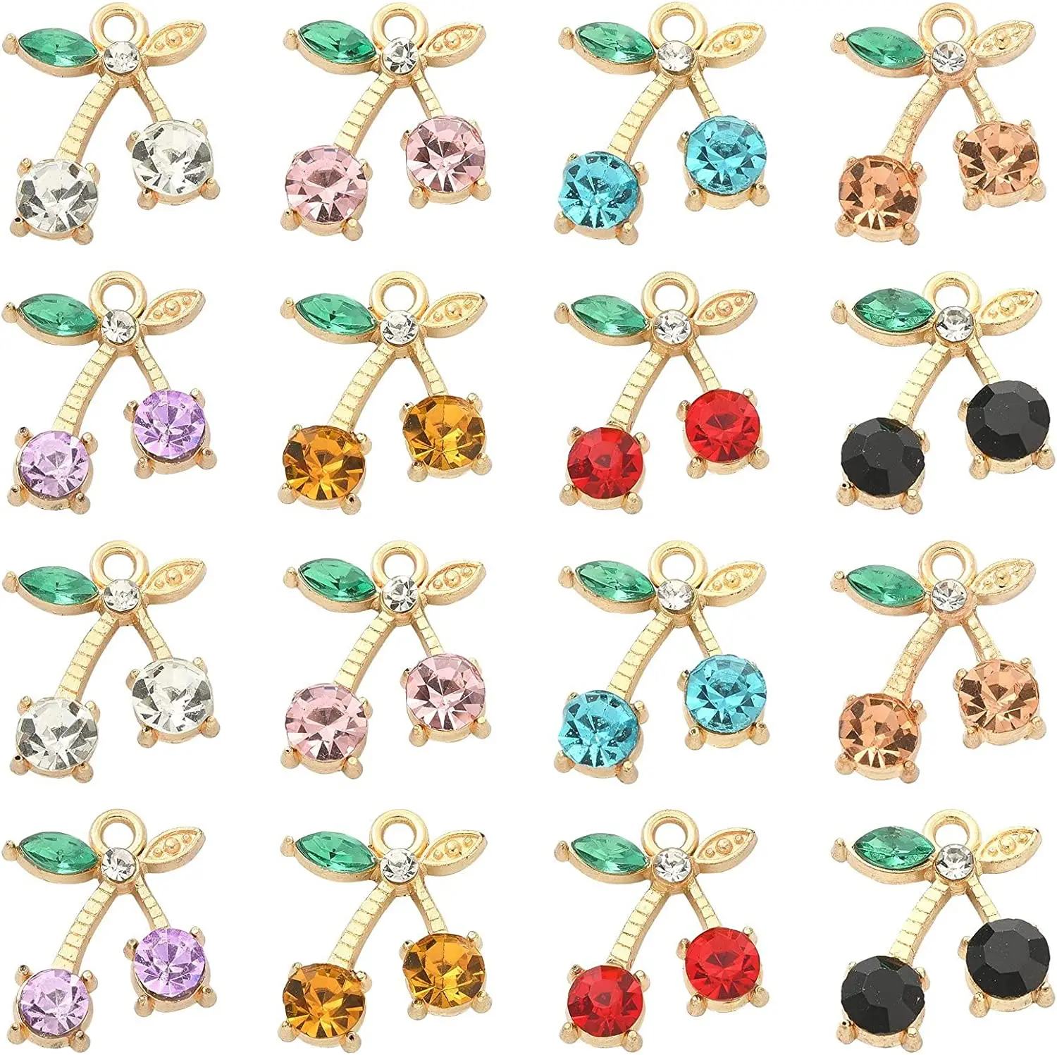 PandaHall 32 Pcs 8 Colors Crystal Rhinestone Cherry Charms Small Fruit Pendant for Necklace Bracelet Jewelry Making DIY Crafting