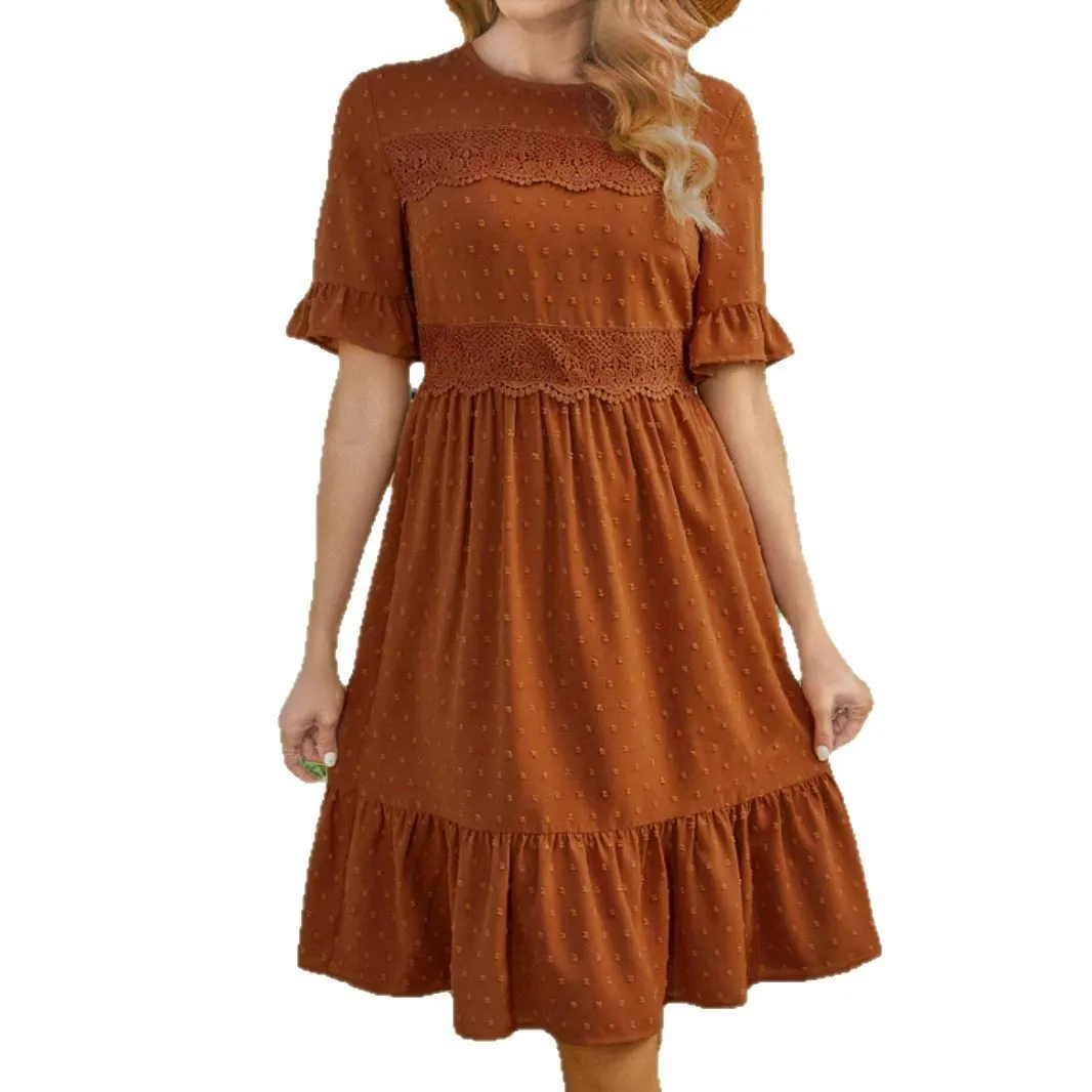 Patchwork Round Neck Dress Mid Length Refined Commuter with Elegant Midi Length Skirt Flare Spring a Line Dresses for Women