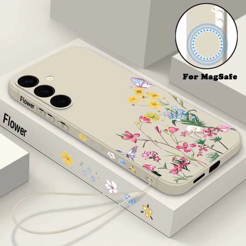 Kleine Blumen magnetische weiche Hülle für Samsung Galaxy S24 FE S25 S24 S23 S22 Ultra Plus für Magsafe Wireless Charge Lanyard Cover