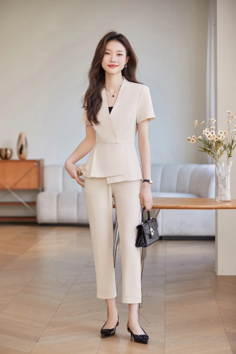 AIyssa-Damen-Kurzarm-Blazer und Hosen-Anzug, Business-Arbeits uniform, Büro Damen, Elegante Mode, Sommer, 2024