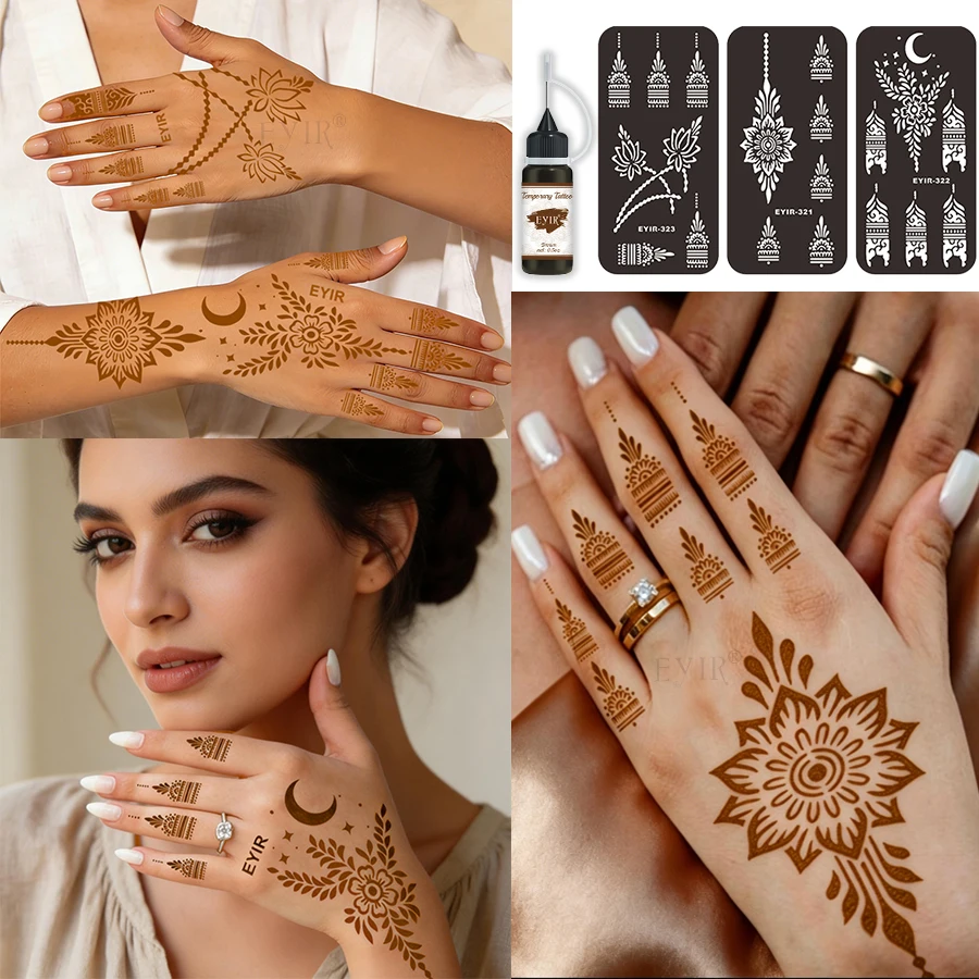 EYIR 5 Color Henna Tattoo Paste Kit with Reusable Stencils Waterproof Temporary Mehndi Ink Body Art DIY Hand Tattoo Set Festival