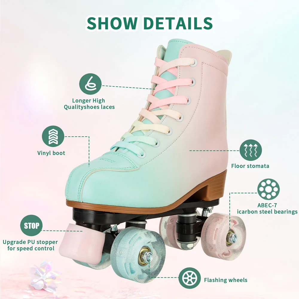 Roller Skates Shoes 4 Wheels Sneakers PU Leather Light Up Kids Youth Roller Skates Indoor Outdoor Roller Skates Girls Ages 8-12