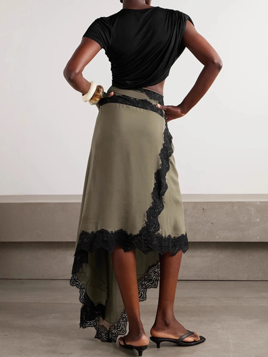 Sukienka damska VGH, patchworkowa, z koronką, dekolt okrągły, krótki rękaw, wysoki stan, ozdobna, seksowna, długa, nowa odzież damska.