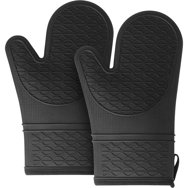 Oven Mitts Heat Resistant - 2PCS Black Silicone Mitts, Non-Slip Grip Soft Oven Mitt, Flexible Kitchen Mits Potholders Oven