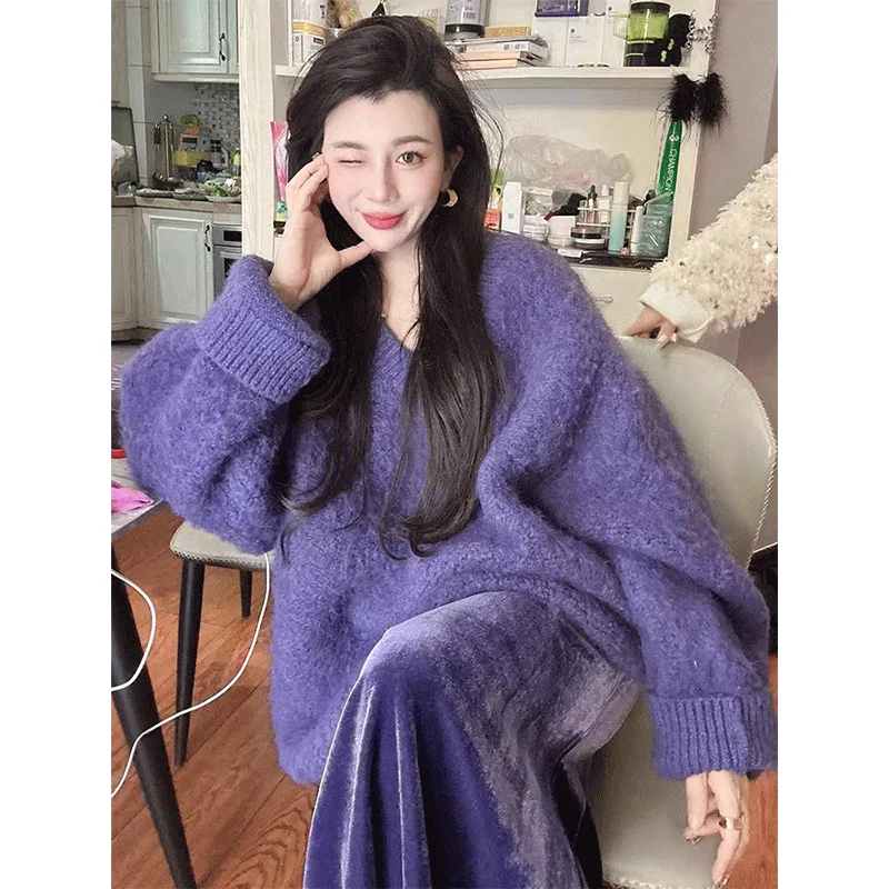 Autumn Outfit Gentle Korean Style Small Fragrance Style Explosive Street Purple Pullover Sweater Velvet Half Skirt Two-piece Set