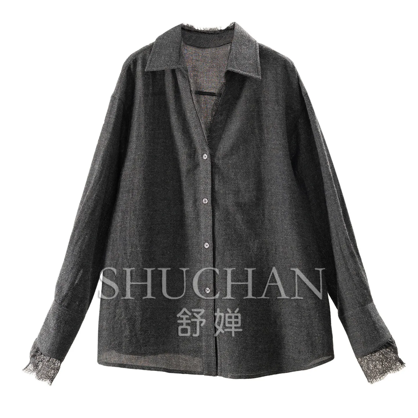 Low-key Ruthless Goods Legal Wool Lace Cuffs Loose Silhouette Shirt Women E132 Womens Tops