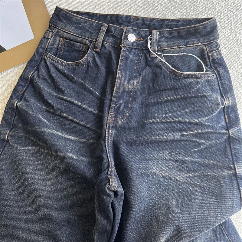 Jeans de algodão puro vintage feminino, calça de couro, decoração de bolso, cintura baixa, calça reta, novo, outono, 2024