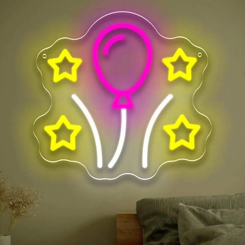 Balloon Star Neon Sign Pink Yellow LED Wall Art Acrylic USB Dimmable Hanging Light Party Birthday Home Bedroom Celebration Decor