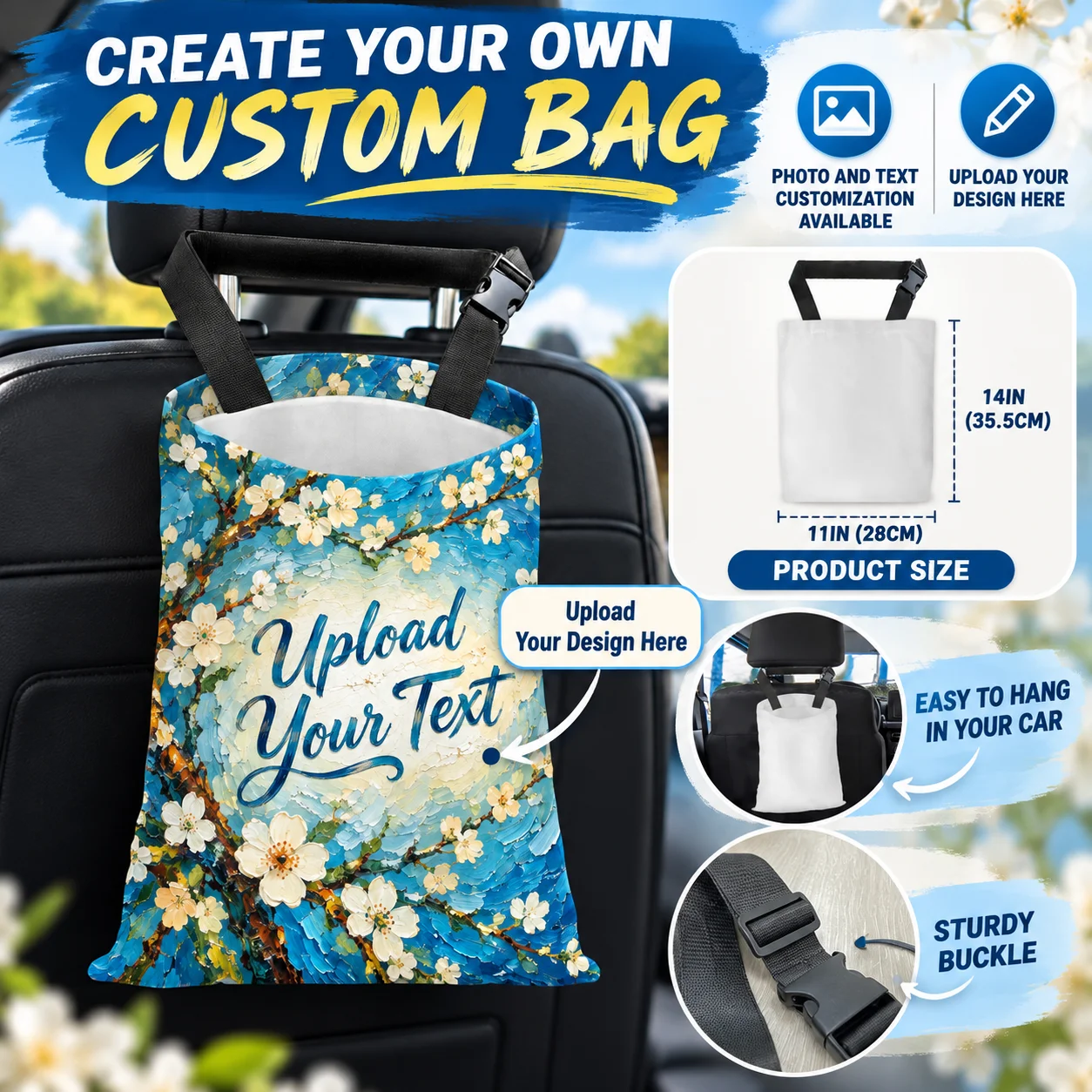 Custom Car Storage Bag Headrest Hanging Organizer Polyester Custom Text and Pattern Car Storage Bag for Auto RV Camper Travel