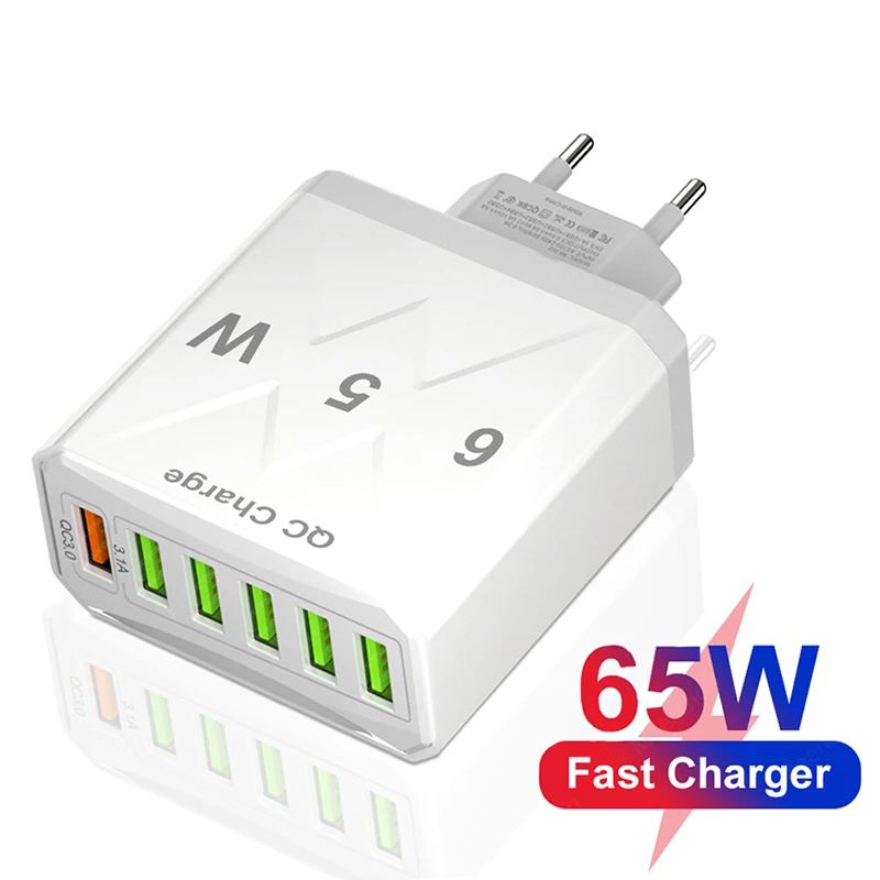 Total 65W USB Charger 6 Ports Fast Charging Phone Power Adapter For iPhone Samsung Oneplus Xiaomi Quick Charge 3.0 Wall Charger