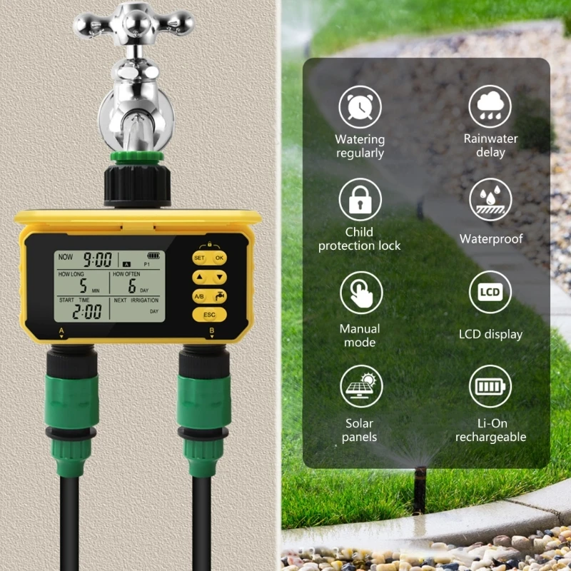 

Smart Dual Water Timer Automatic Garden Sprinkler Timing Outdoor Digital Farm Drip Irrigation Controller Solar Charge