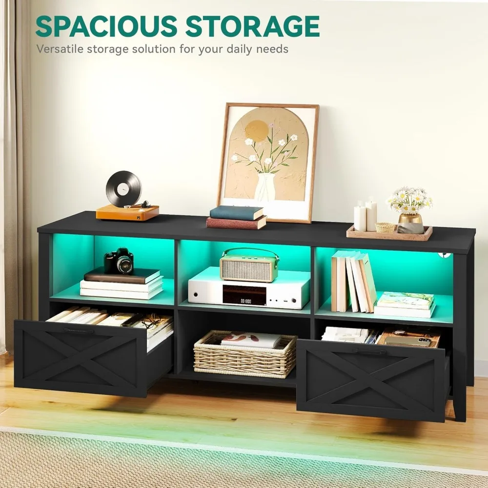 Suporte de TV de fazenda de 70 polegadas, centro de entretenimento com luz LED acomoda TVs de até 80 polegadas, console de TV de mídia com armazenamento