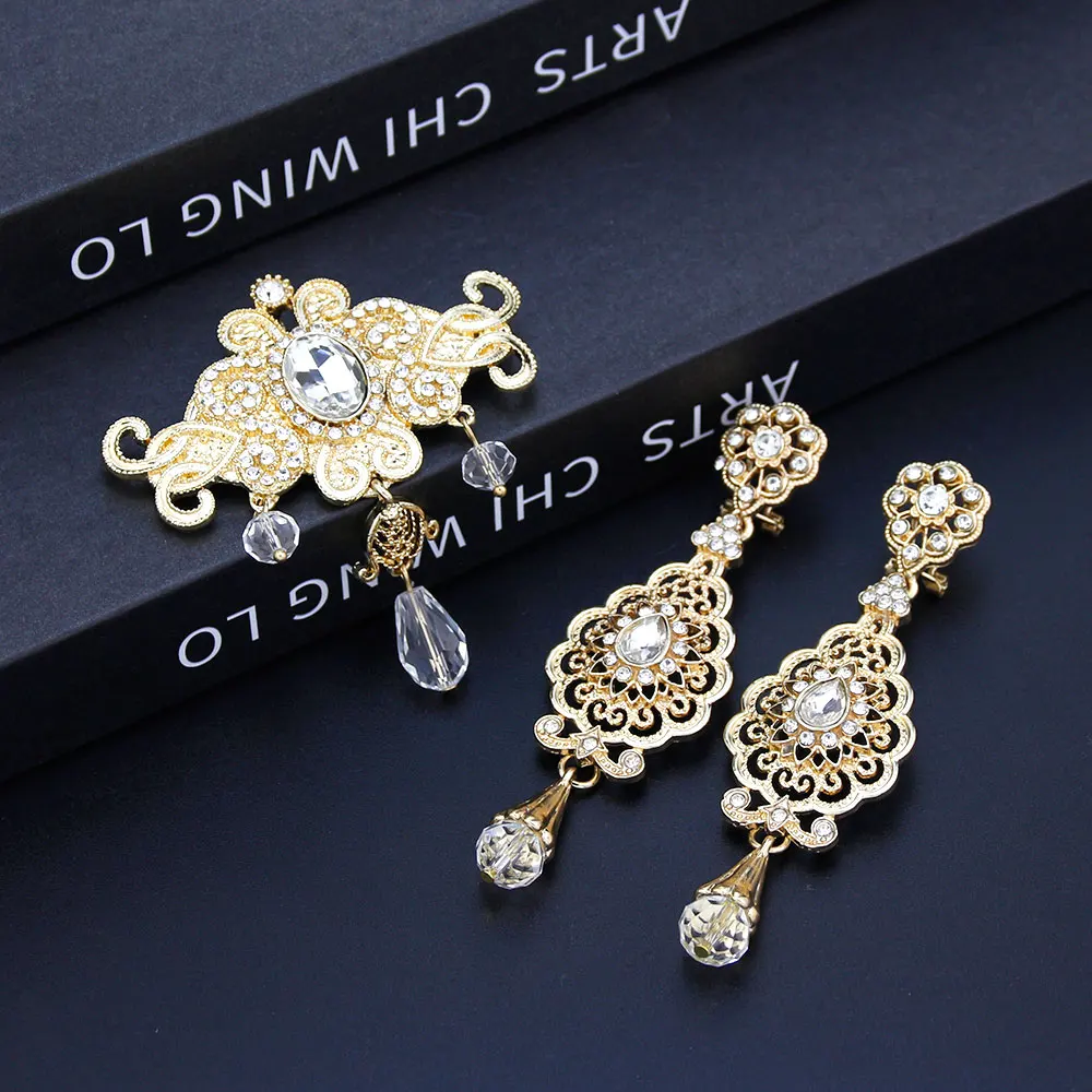 Sunspicems Unique Moroccan Jewelry Brooch Earring Set For Women Gold Color Arabic National Style Caftan Brooch Drop Earring