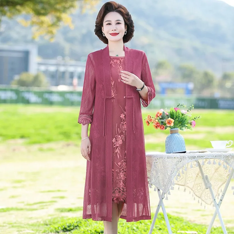 Retro Middle Age Mother Spring and Summer Embroidery Mesh Fabric Dress Two Piece Set New Fashion Women Fashion Chiffon Vestido