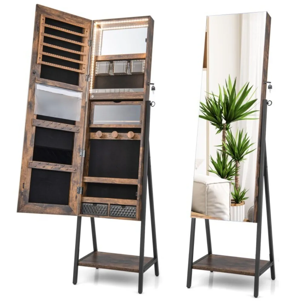 

Jewelry Cabinet Armoire Storage Organizer Freestanding with Full-Length Mirror
