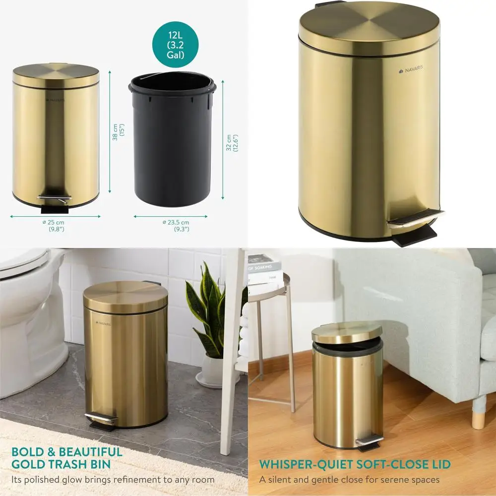

12L Metallic Gold Kitchen Bin with Lid and Removable Bucket for Recycling or Home Use