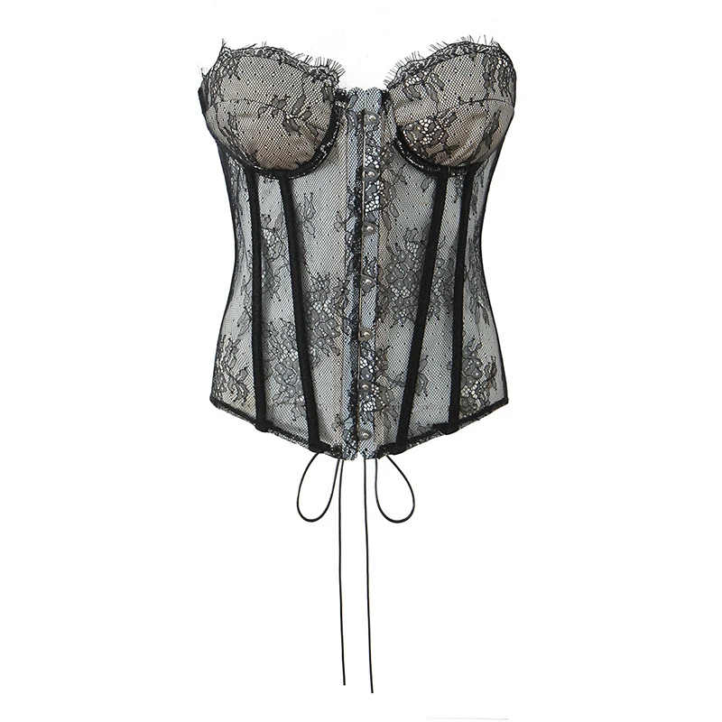 

YENKYE New Fashion Women Bandage Back Lace Sexy Strapless Tops Chic Slim Fit Club Party Crop Top