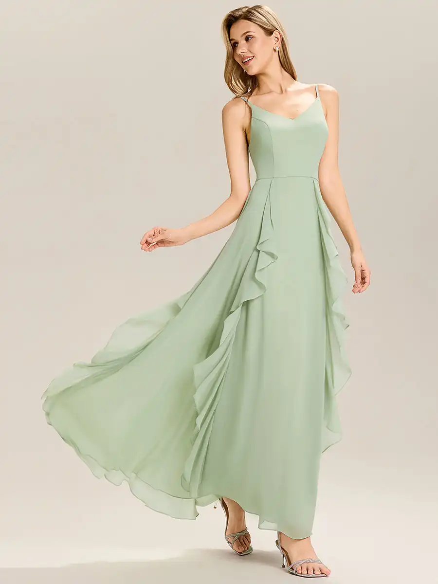 Chiffon Bridesmaid Dresses Chic Ruffles V-neck Spaghetti Straps Backless Ball Gown Marriage Guest Gown Wedding Formal Lady Dress