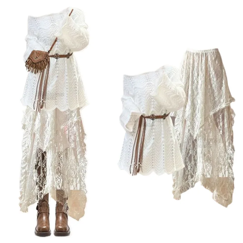 A Complete Set of Women's Clothing for Spring and Autumn with a New Hollowed Out Top and a Slimming Dress Two Piece Set