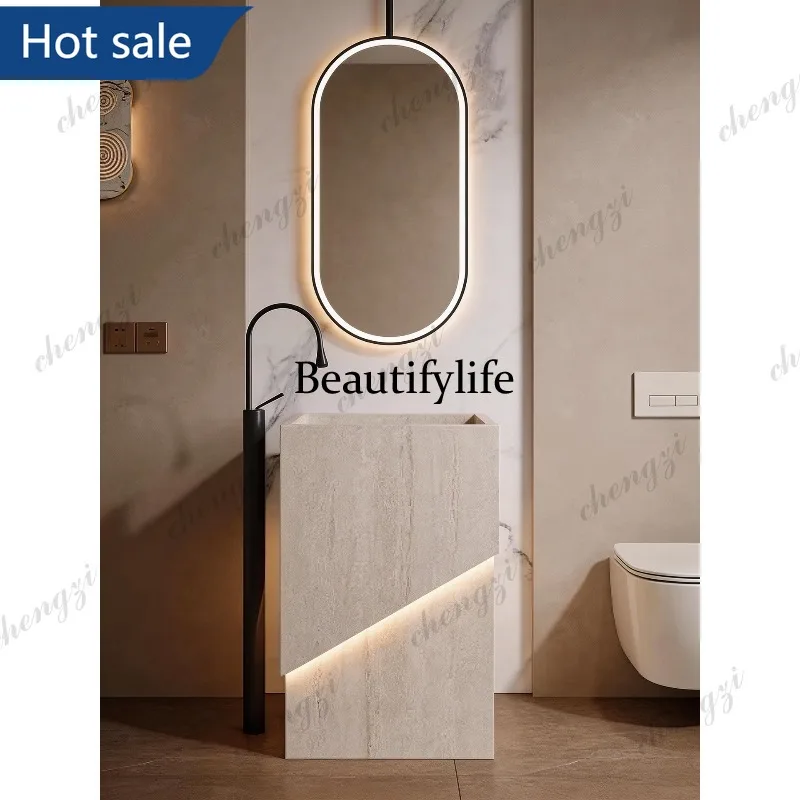 NQ52 Customized hotel villa outdoor travertine rock slab column basin outdoor courtyard integrated floor-to-ceiling washbasin