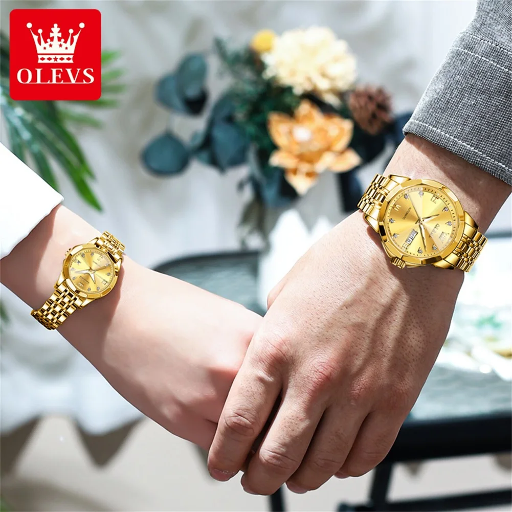 OLEVS Automatic Movement Mechanical Watches for Couple Luxury Golden Stainless Steel Self-winding Lover\'s Watches Pair Men&Women