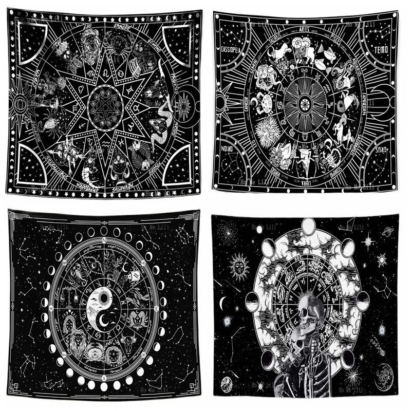 

Star Sun Tarot Black And White Yin Yang Hippy Celestial Bohemian Skull Astrology Twelve Zodiac Tapestry Mystic Wall Hanging