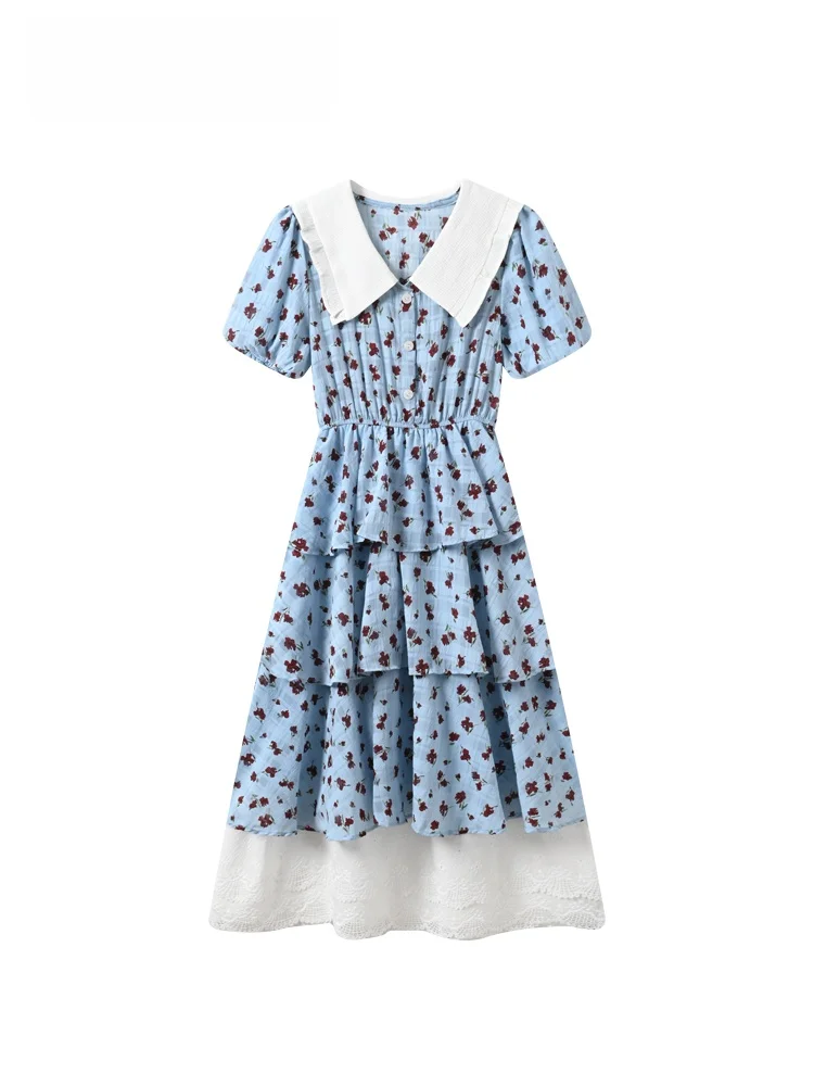 

Summer New plus Size Women's Dress Floral Print A-Line Long Skirt Short Sleeve Waist Cinched Midi Dress French Style Casual Wear