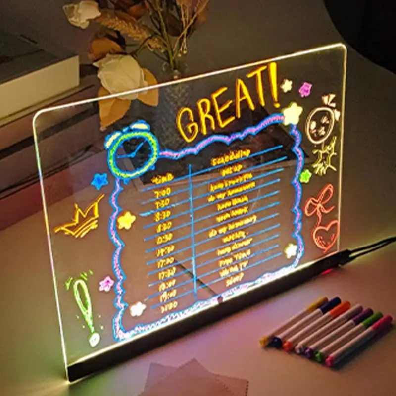 

LED Letter Message Board With 7 Colorful Pens Acrylic Dry Erase Board with Light Light Up Dry Erase Board for Office School Home