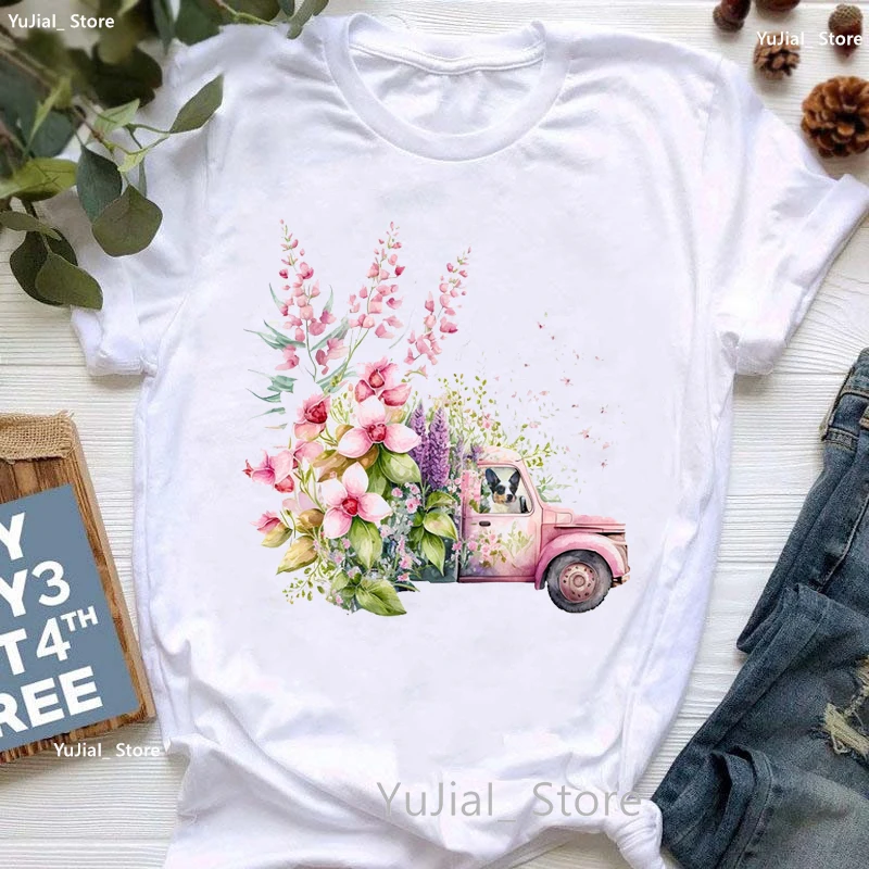 

Pink Flowers Car Dog Print Tshirt Girls Kawaii Bernese Mountain/Puppy/Dachshund T Shirt Femme Summer Fashion T-Shirt Female