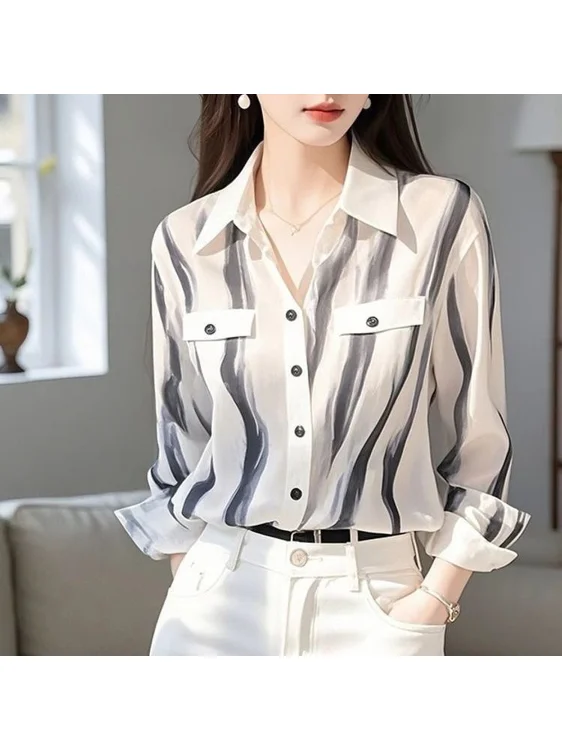 

Chic White Striped Shirt Women's Early Spring 2026 New Style Slimming Casual Beautiful Blouse Cleanfit A-Line Sleeve Polyester