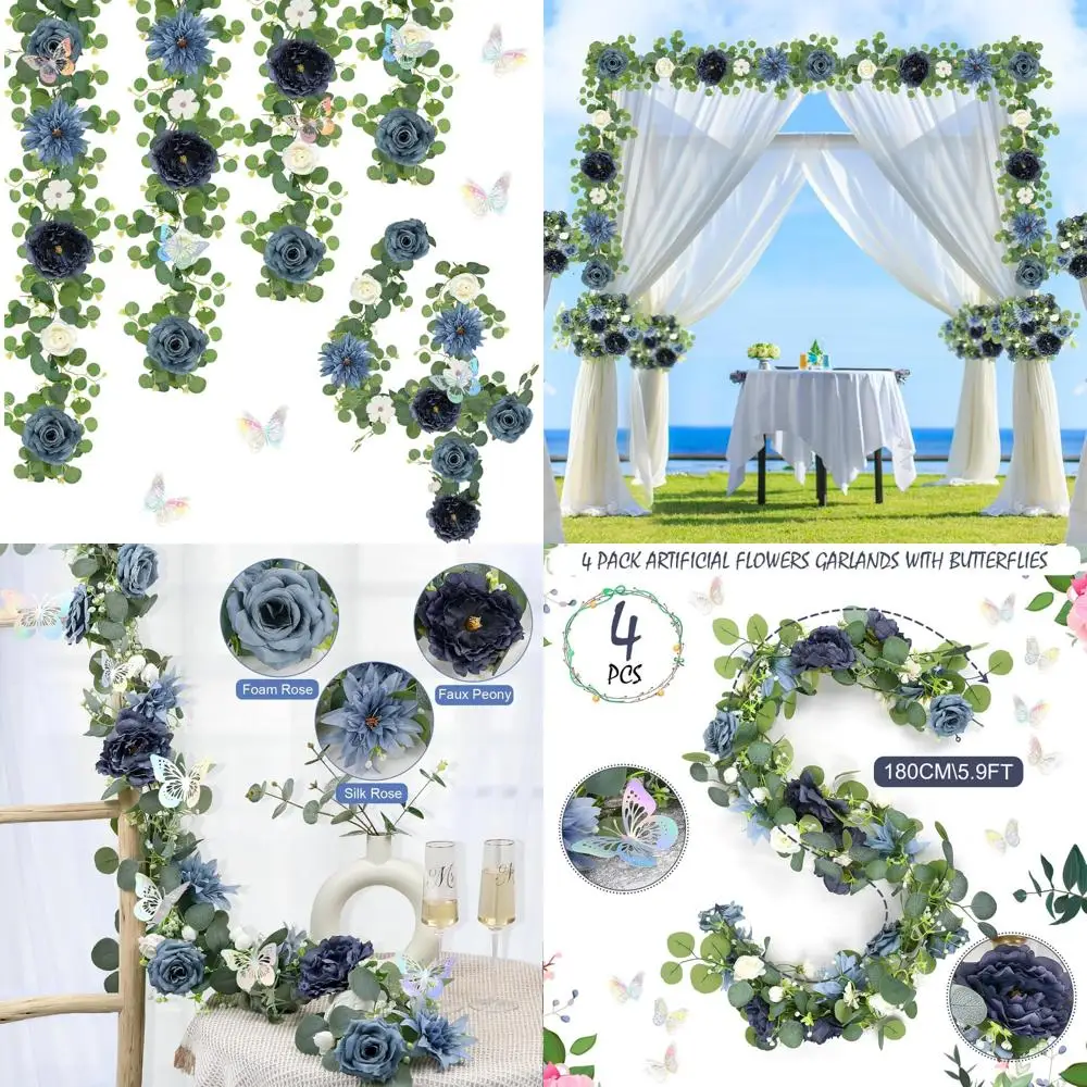 

Искусственные цветочные гирлянды с бабочками — 4 упаковки длиной 5,9 футов Искусственная роза и зелень Декор свадебного стола