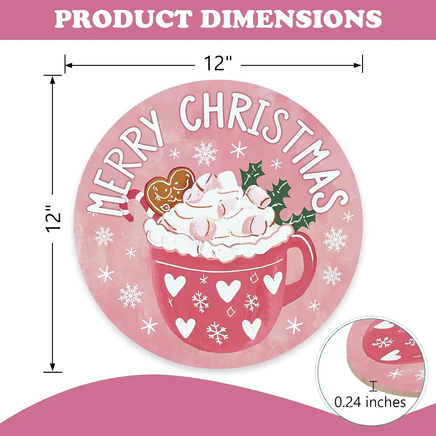 Merry Christmas Round Door Sign, 12 Inch Pink Cozy Holiday Mug Hot Cocoa