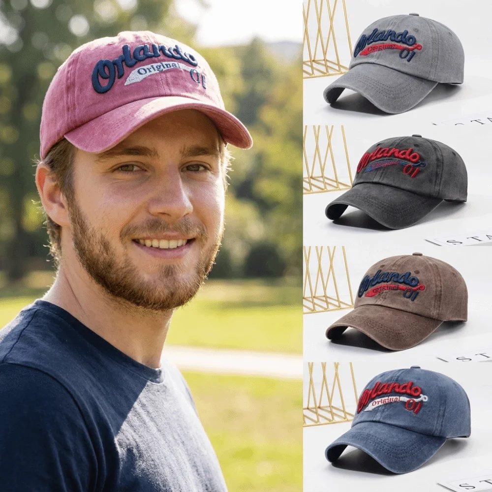Adjustable Strap Washed Baseball Cap Curved Brim Cotton Letter Embroidery Hat Faded Multi Neutral Tone Distressed Cap