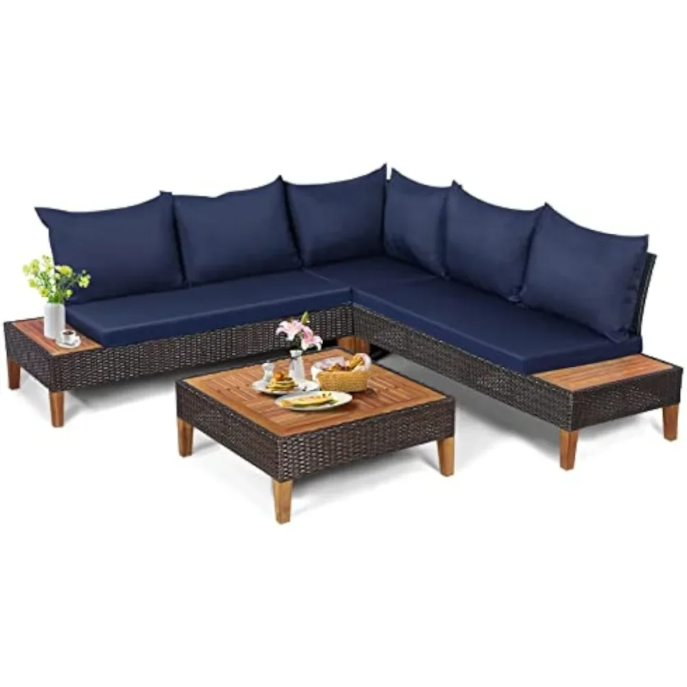 

Acacia Wood Patio Conversation Set, Outdoor PE Rattan Sectional Sofa Set with Coffee Table, Corner Sofa & 2 Loveseats