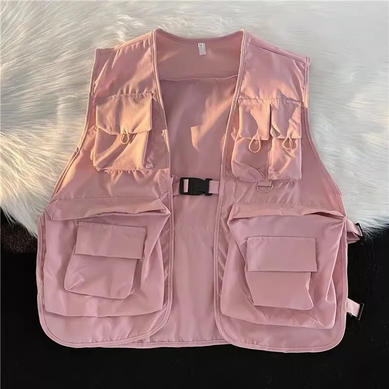 

Summer New Men Multi-pockets Workwear Vest Korean Casual Loose Solid Coats Popular Versatile Black V-neck Personalized Tops