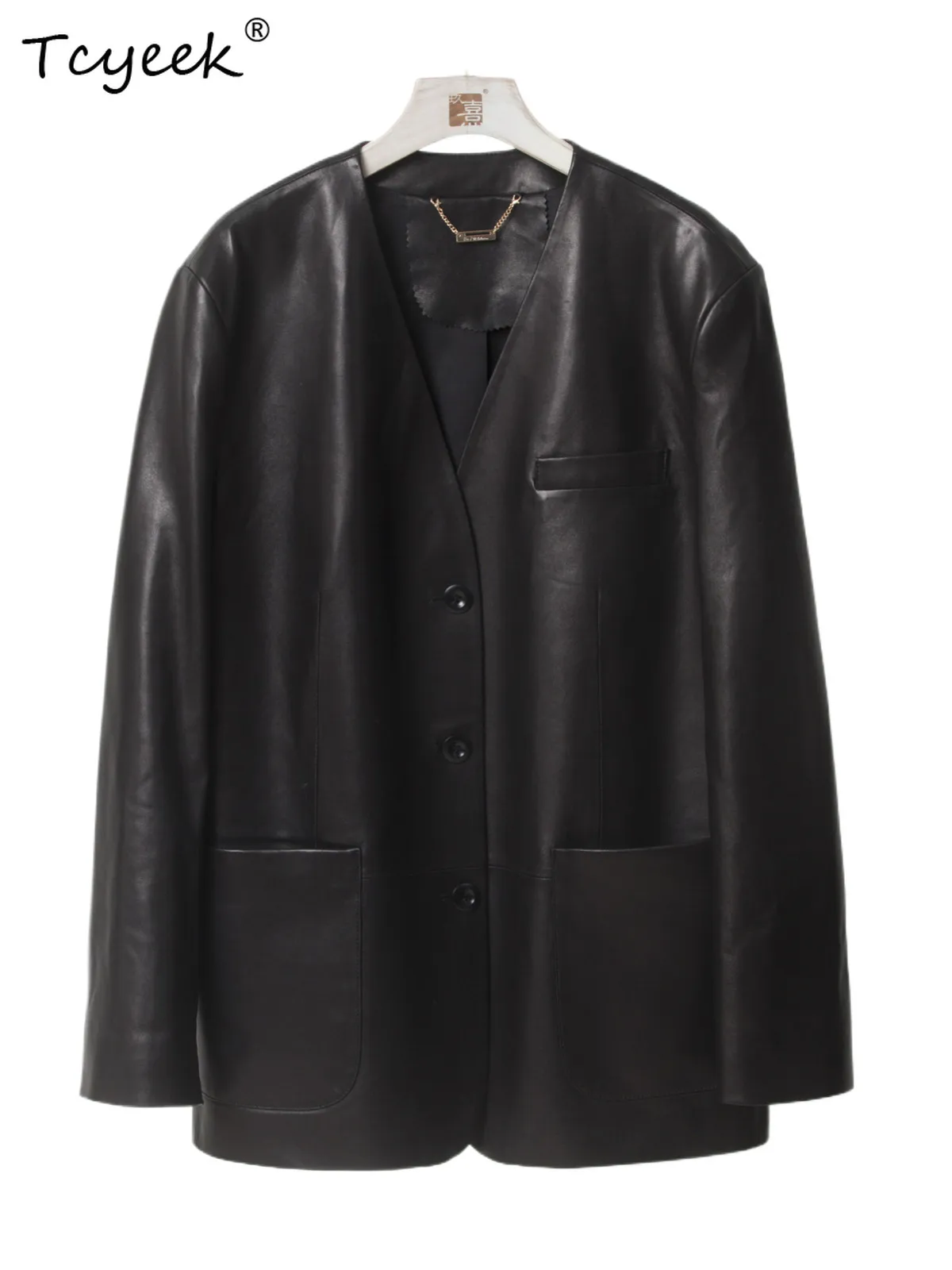 Tcyeek Real Leather Jacket Woman Clothing Spring Autumn Sheepskin Suit Coat Women Fashion 2026 New Style V-neck Casaco Feminino