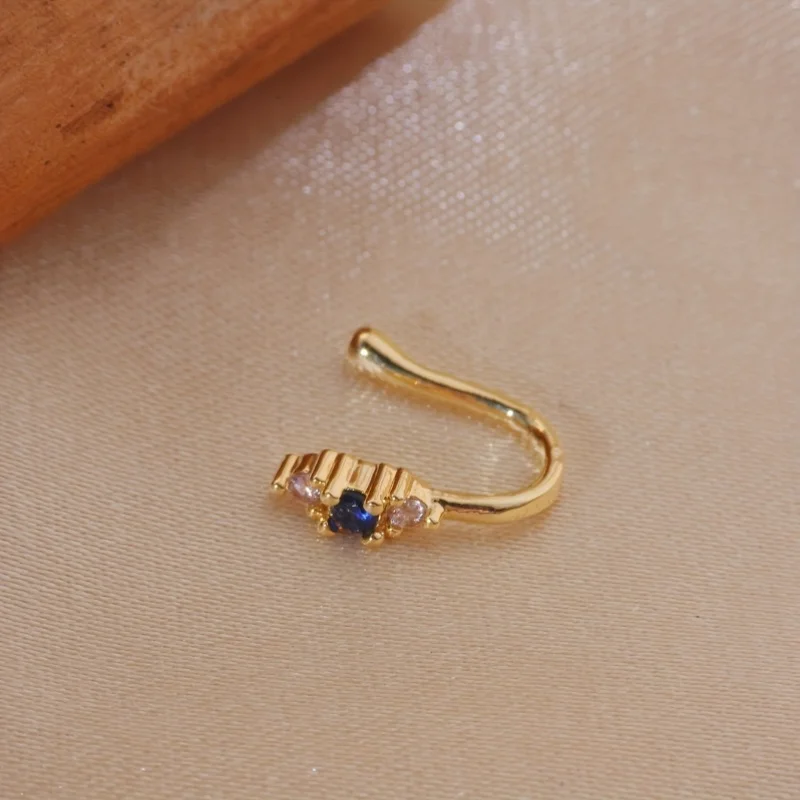 1-piece set of blue zircon nose clip made of brass material, women's bohemian retro style non perforated nose ring view 3