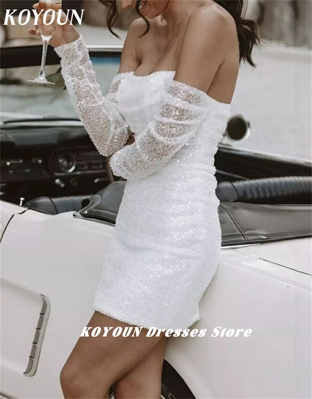 KOYOUN-vestido de novia corto con hombros descubiertos, minivestido de fiesta con lentejuelas, Gelinlik 2024