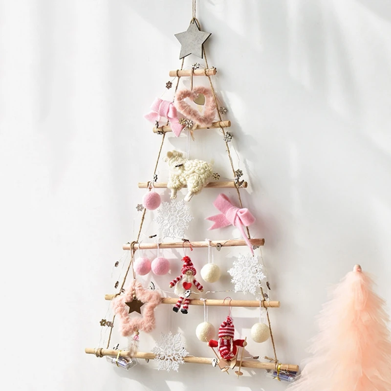 2024 New Wooden Christmas Tree Ornament Wall Mounted Xmas Tree with Branch Ladder for Home Living Room Background Decor